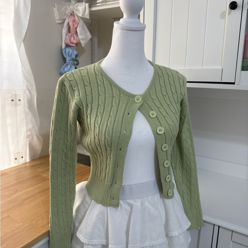 Teenagers Cropped Sage Green Cable-Knit Button Cardigan Size XXS Bodycon Stretch
